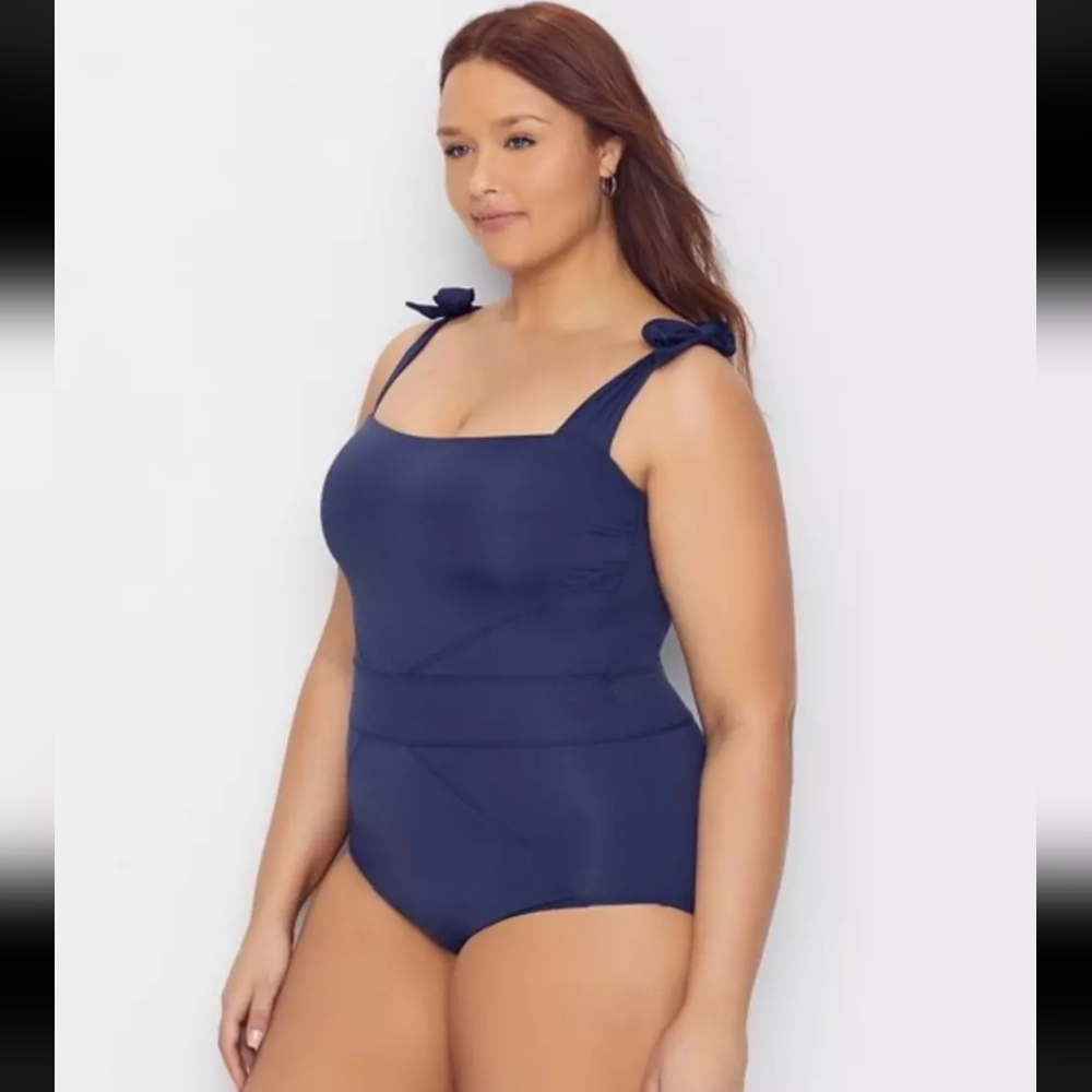 Becca Etc. NAVY Plus Size-1x Code Tie Shoulder One-Piece Swimsuit MSRP$ 158